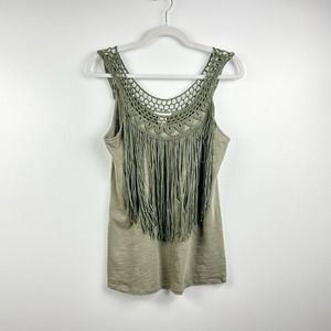Sundance Olive Green Fringe Crochet Cotton Tank Top Size Small